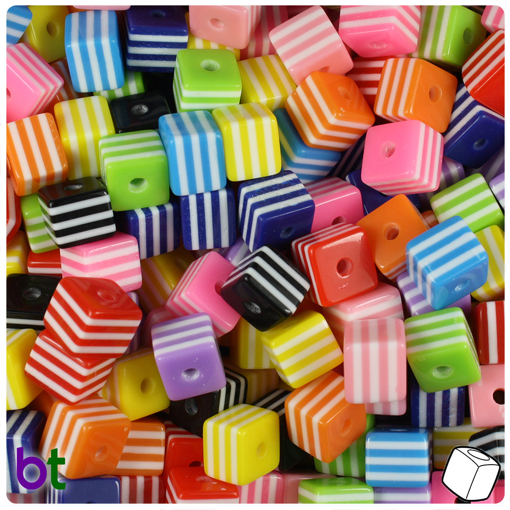 Mixed Opaque 8mm Cube Resin Beads - White Stripes (100pcs)