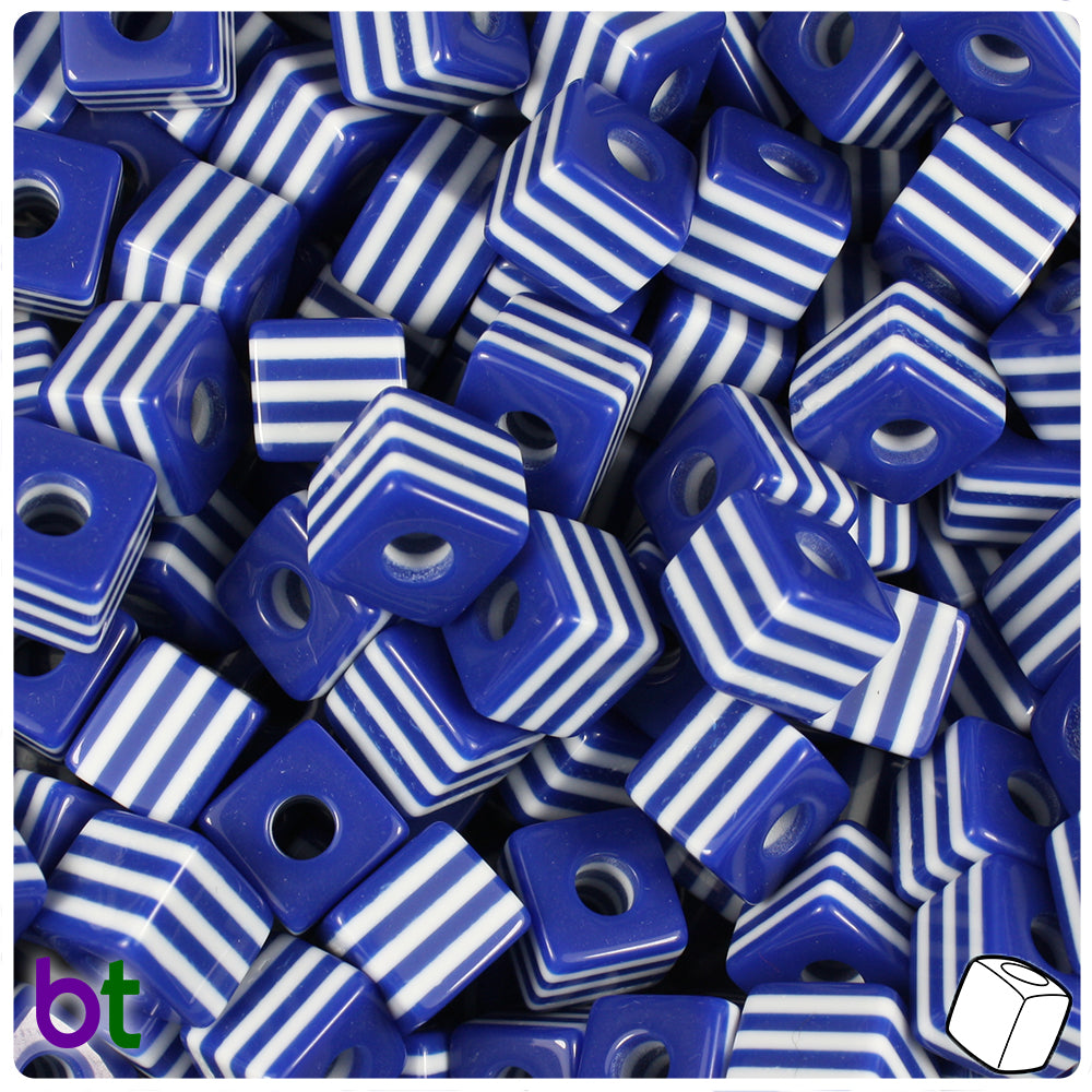 Dark Blue Opaque 10mm Cube Resin Beads - White Stripes (100pcs)