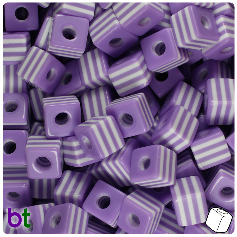Purple Opaque 10mm Cube Resin Beads - White Stripes (100pcs)
