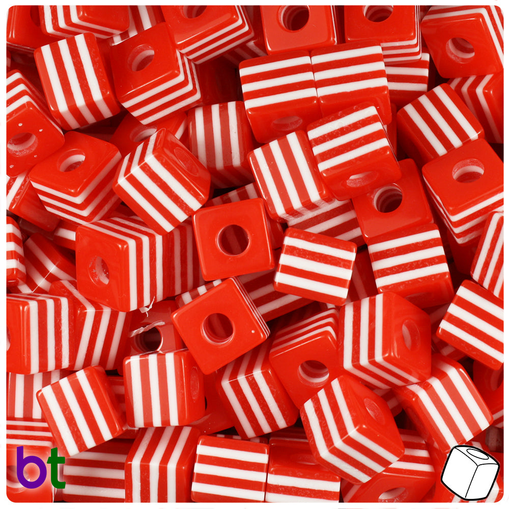 Red Opaque 10mm Cube Resin Beads - White Stripes (100pcs)