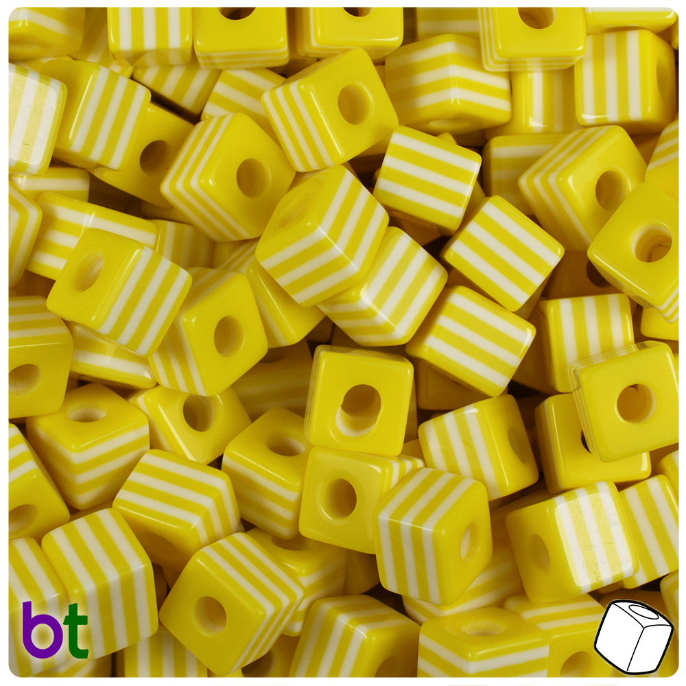 Yellow Opaque 10mm Cube Resin Beads - White Stripes (100pcs)