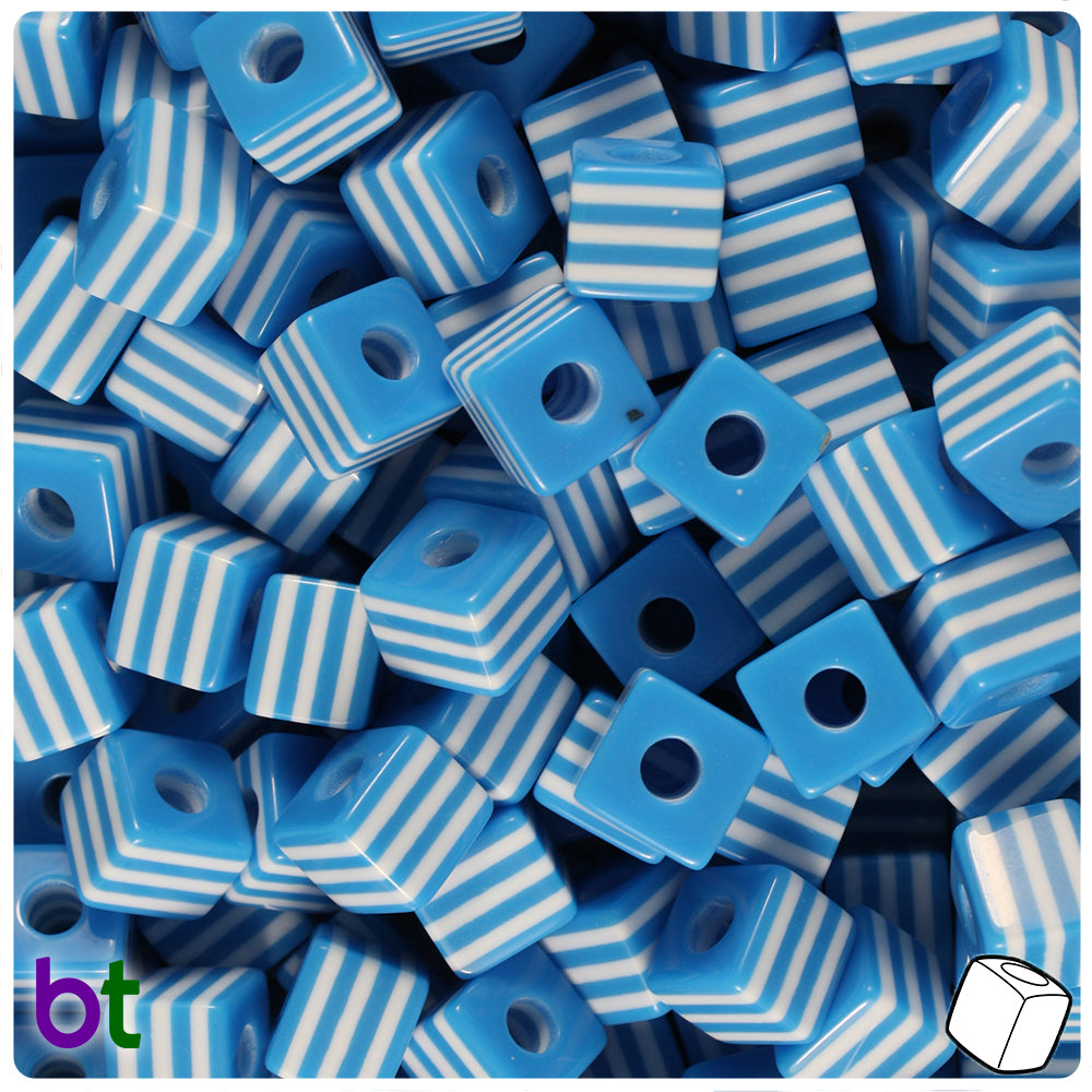 Blue Opaque 10mm Cube Resin Beads - White Stripes (100pcs)