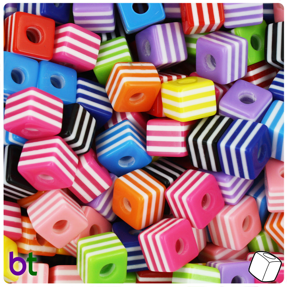 Mixed Opaque 10mm Cube Resin Beads - White Stripes (100pcs)