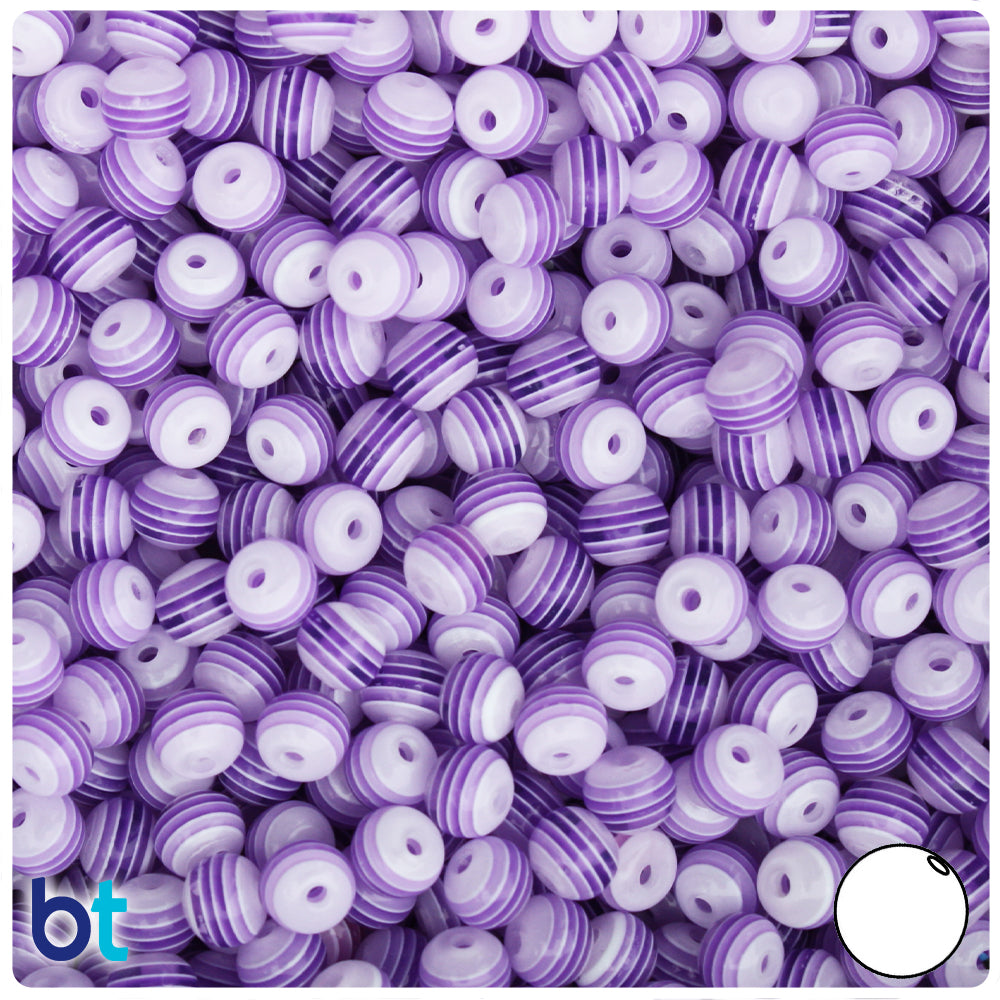 Purple Transparent 6mm Round Resin Beads - White Stripes (150pcs)