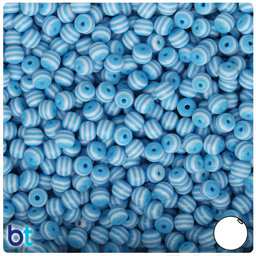 Light Blue Opaque 6mm Round Resin Beads - White Stripes (150pcs)