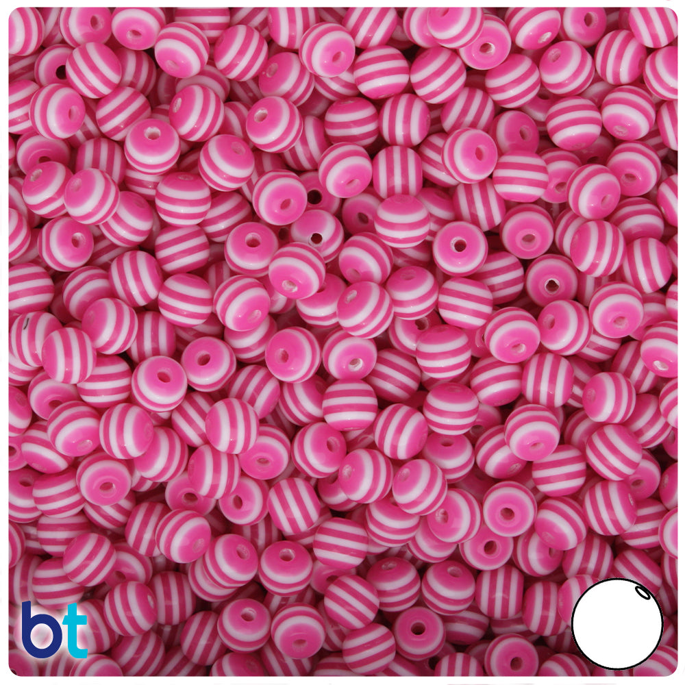 Dark Pink Opaque 6mm Round Resin Beads - White Stripes (150pcs)