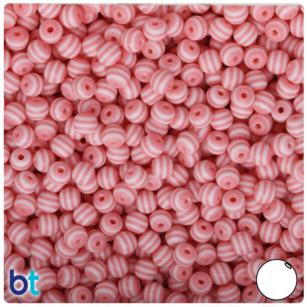 Light Pink Opaque 6mm Round Resin Beads - White Stripes (150pcs)