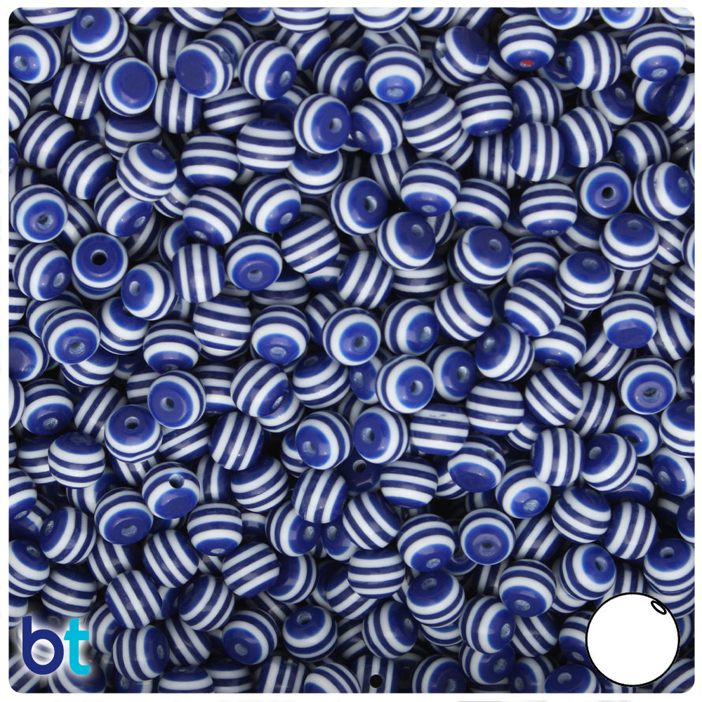 Dark Blue Opaque 6mm Round Resin Beads - White Stripes (150pcs)