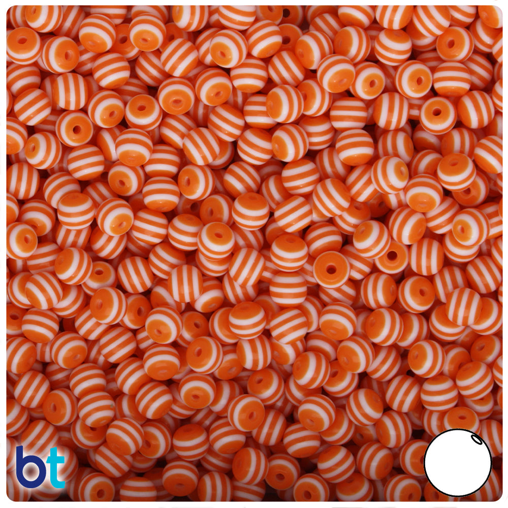 Orange Opaque 6mm Round Resin Beads - White Stripes (150pcs)