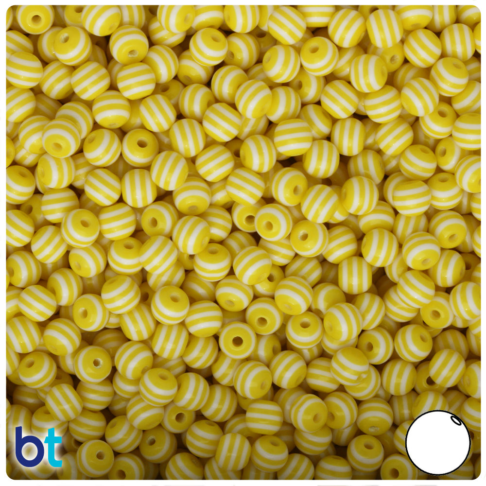 Yellow Opaque 6mm Round Resin Beads - White Stripes (150pcs)