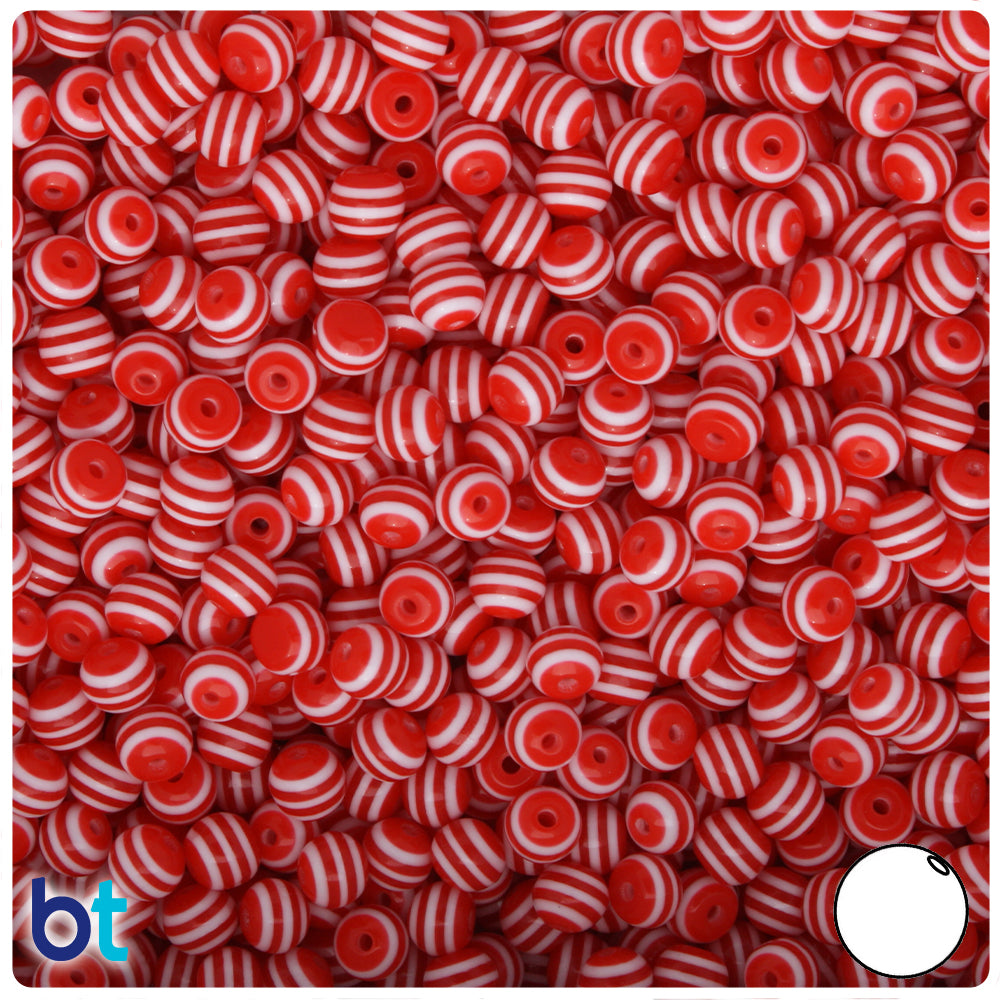 Red Opaque 6mm Round Resin Beads - White Stripes (150pcs)