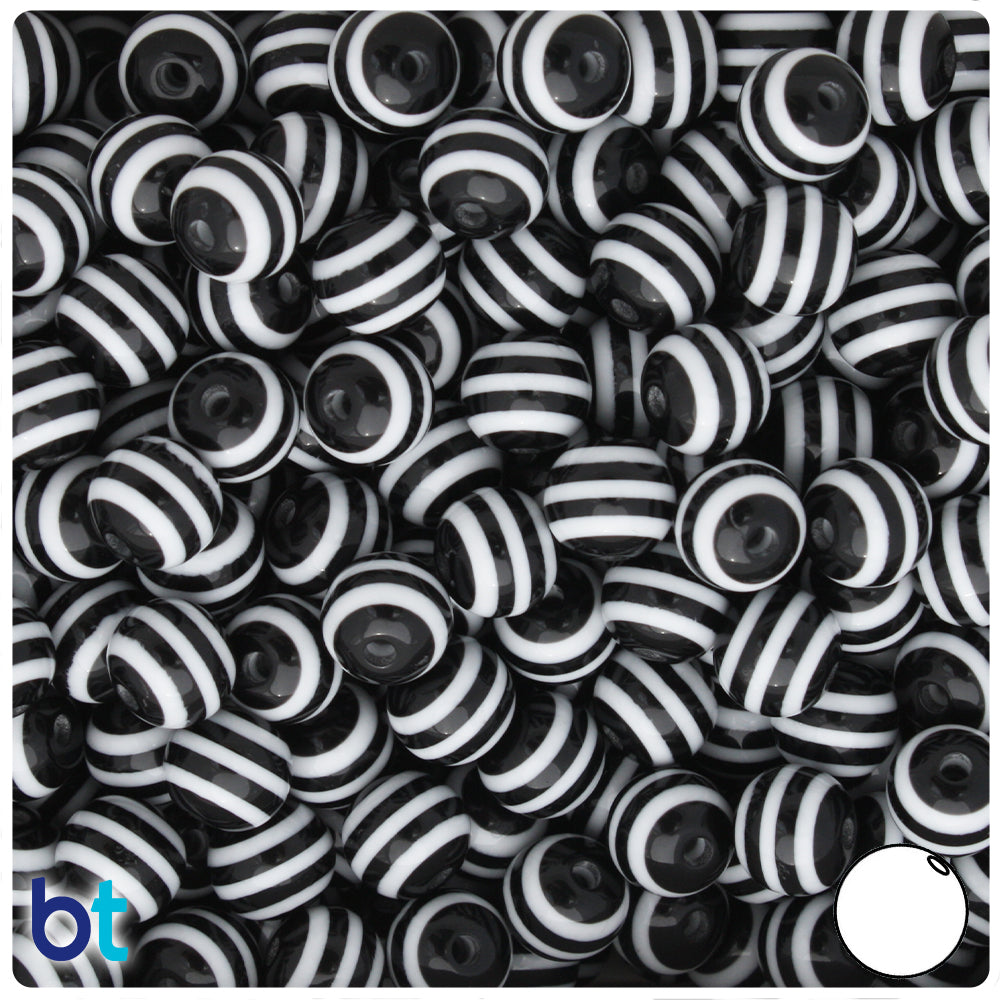 Black Opaque 10mm Round Resin Beads - White Stripes (75pcs)