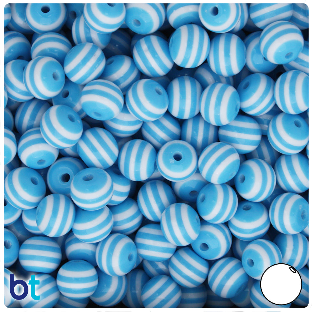 Light Blue Opaque 10mm Round Resin Beads - White Stripes (75pcs)