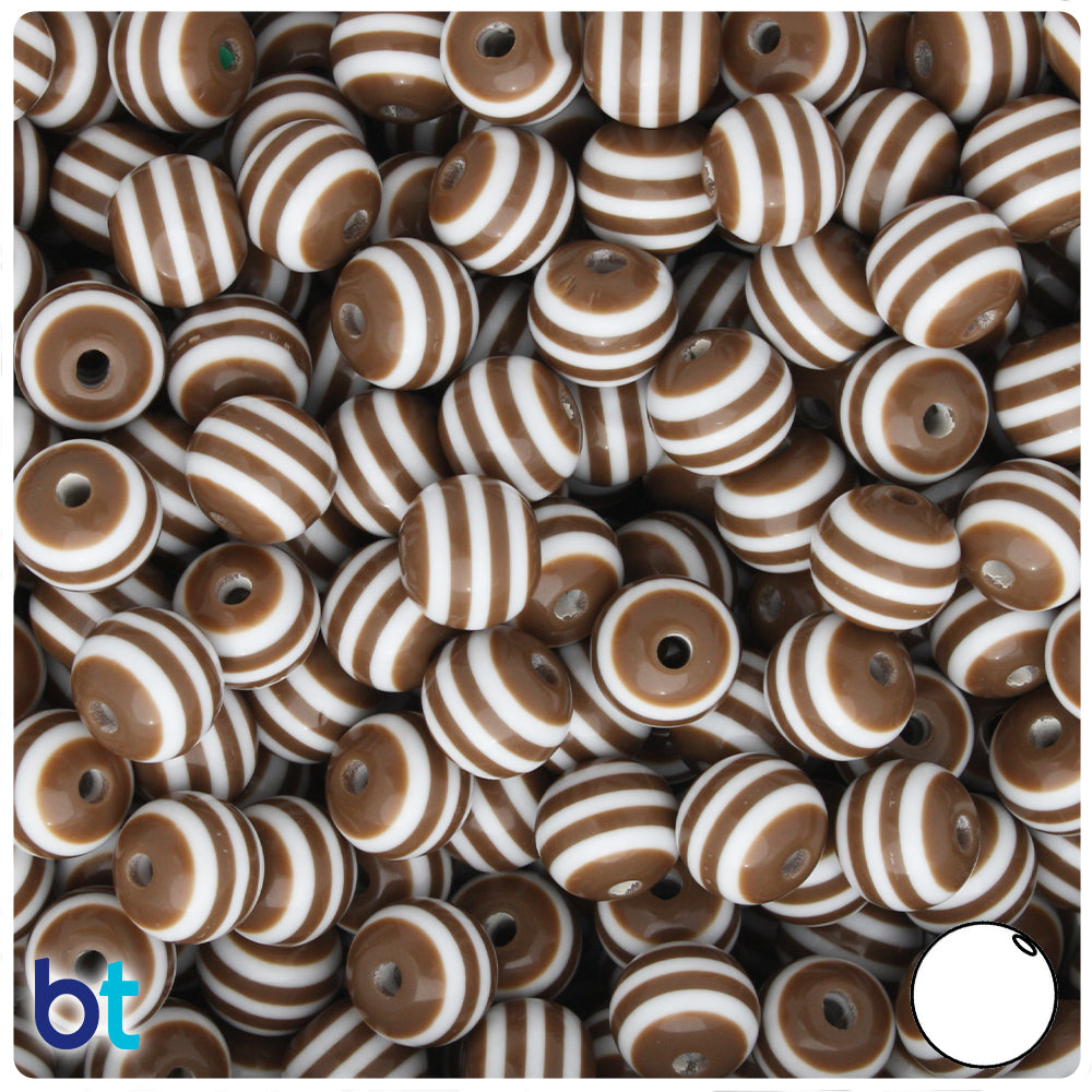Brown Opaque 10mm Round Resin Beads - White Stripes (75pcs)