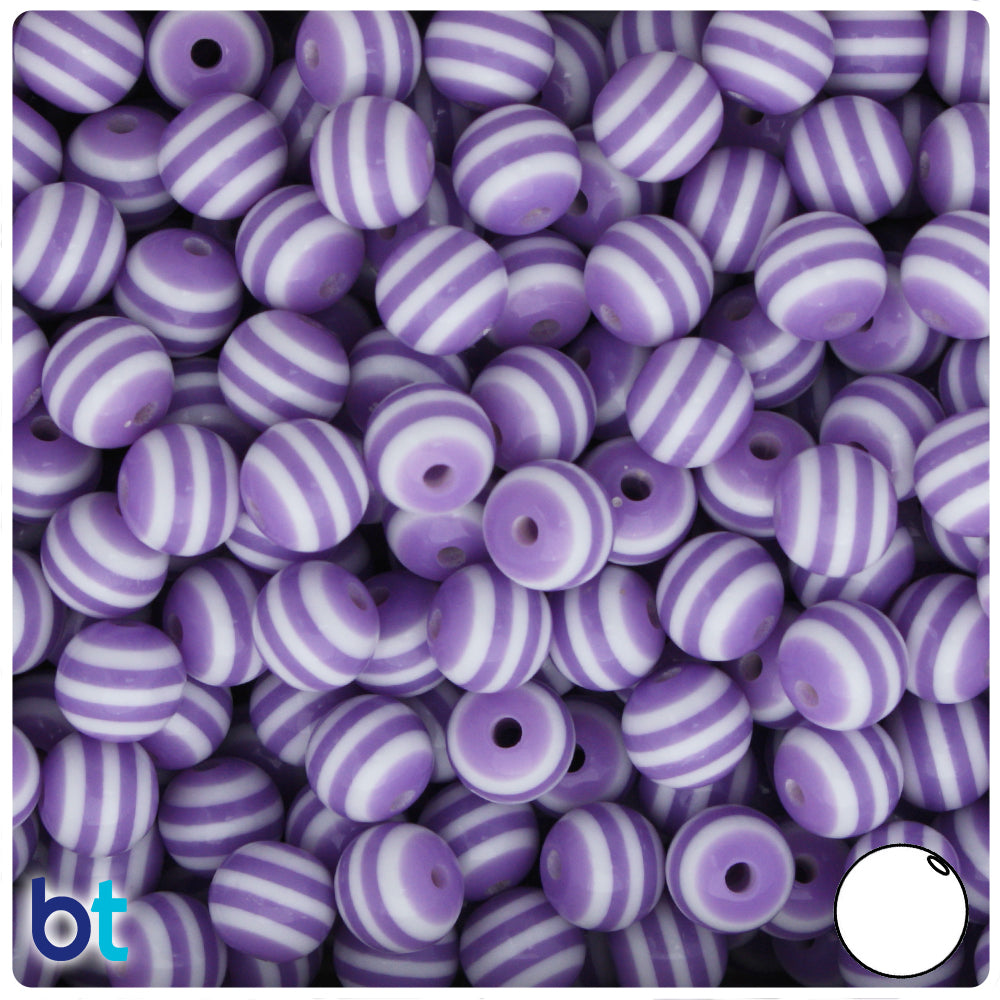 Purple Opaque 10mm Round Resin Beads - White Stripes (75pcs)