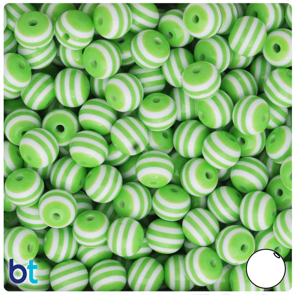 Light Green Opaque 10mm Round Resin Beads - White Stripes (75pcs)