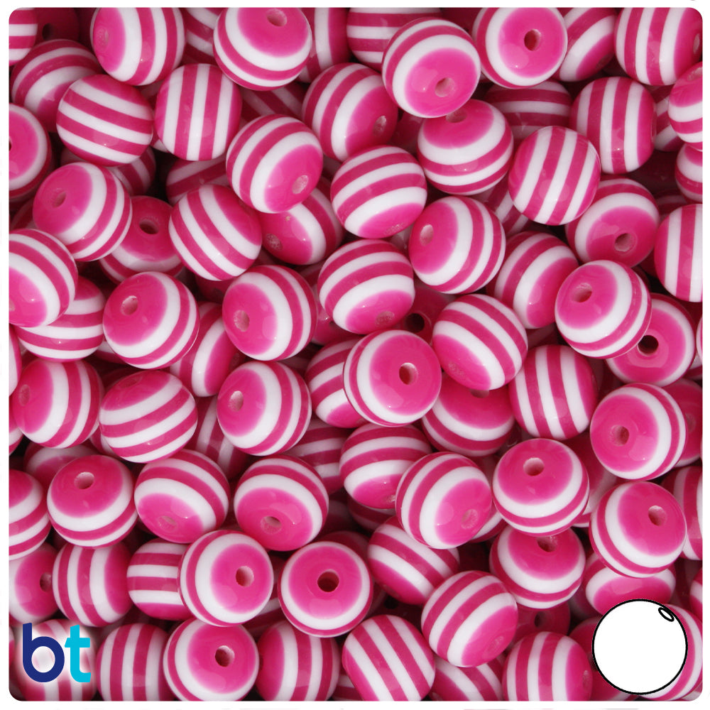 Dark Pink Opaque 10mm Round Resin Beads - White Stripes (75pcs)