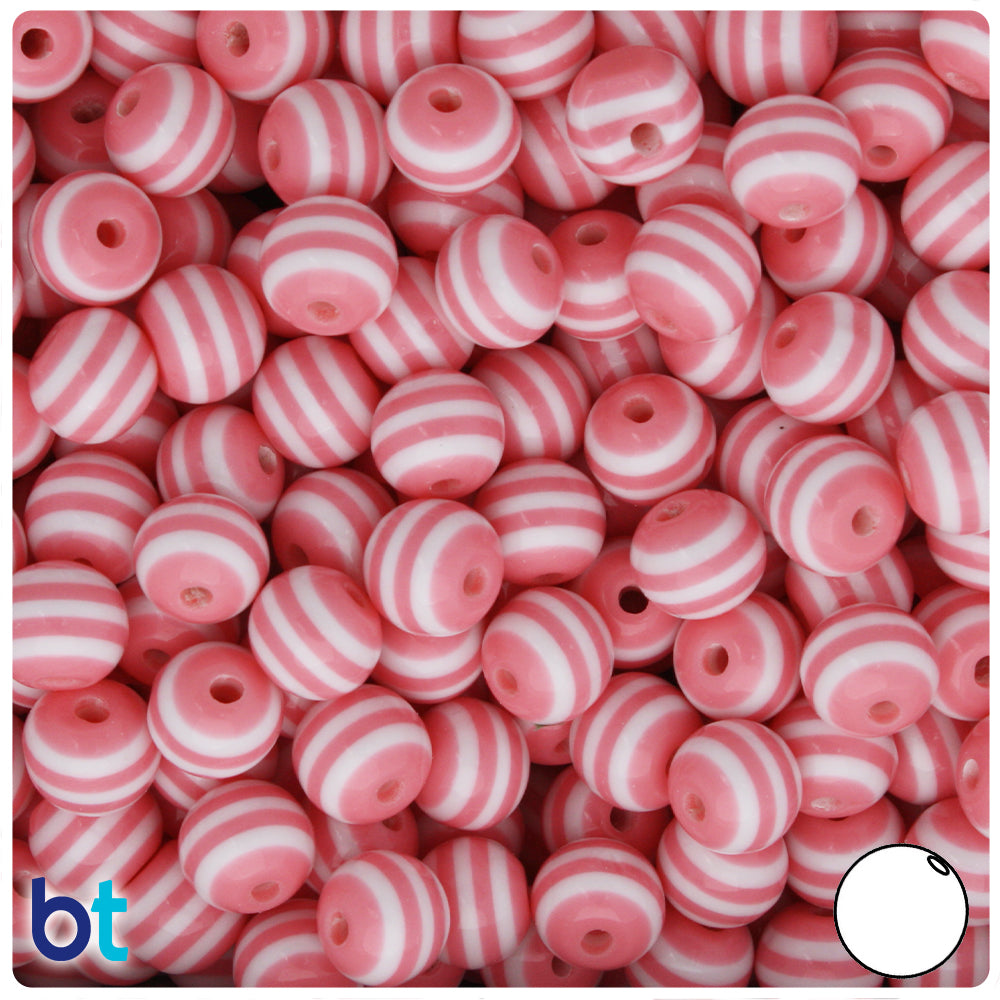 Light Pink Opaque 10mm Round Resin Beads - White Stripes (75pcs)