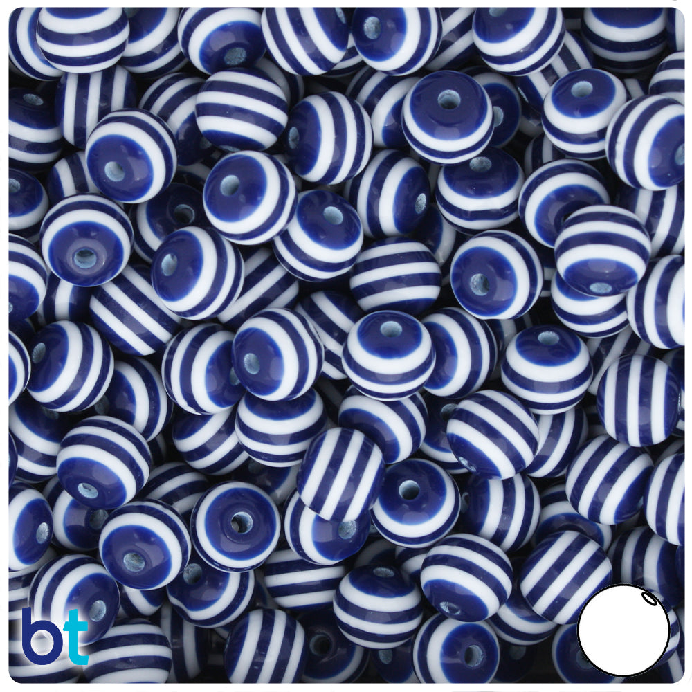 Dark Blue Opaque 10mm Round Resin Beads - White Stripes (75pcs)