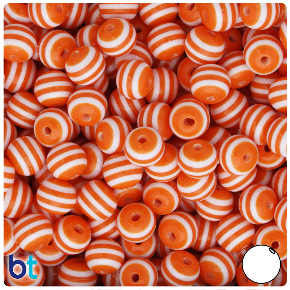 Orange Opaque 10mm Round Resin Beads - White Stripes (75pcs)