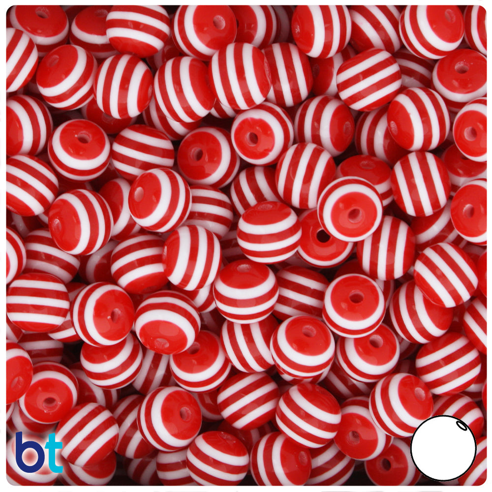 Red Opaque 10mm Round Resin Beads - White Stripes (75pcs)