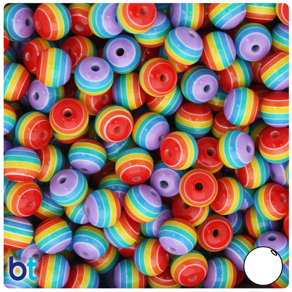 Rainbow Opaque 10mm Round Resin Beads - White Stripes (75pcs)