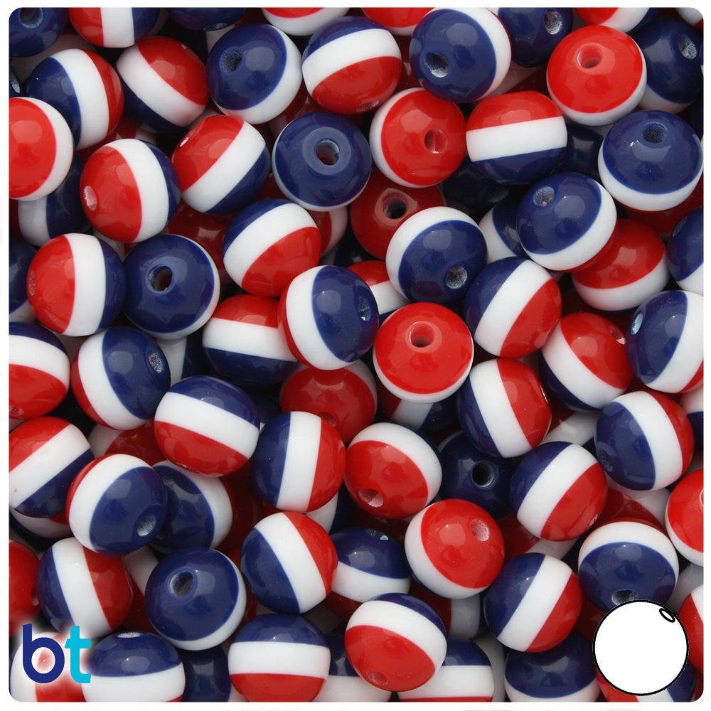 Red, White & Blue Opaque 10mm Round Resin Beads (75pcs)