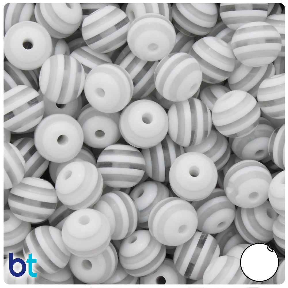 Clear Transparent 12mm Round Resin Beads - White Stripes (50pcs)