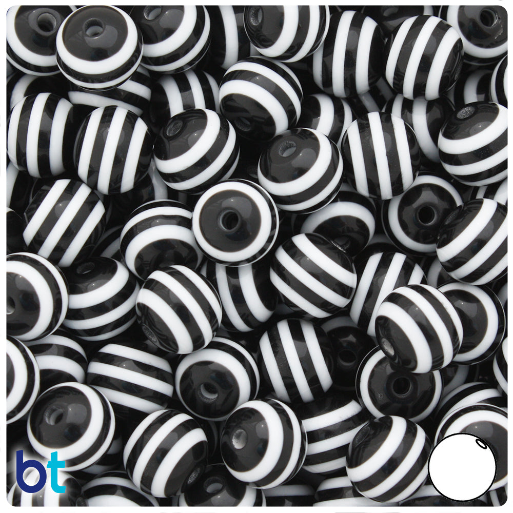 Black Opaque 12mm Round Resin Beads - White Stripes (50pcs)