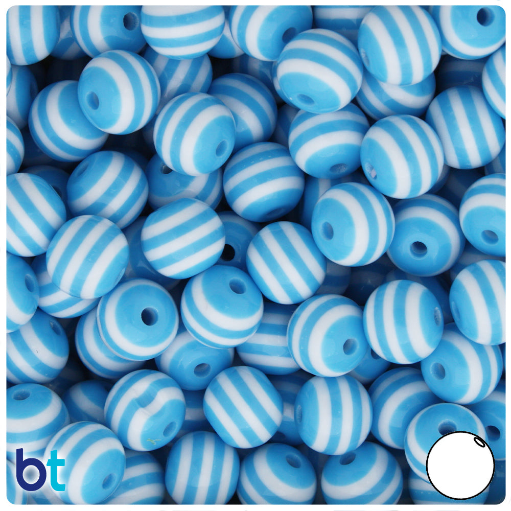 Light Blue Opaque 12mm Round Resin Beads - White Stripes (50pcs)