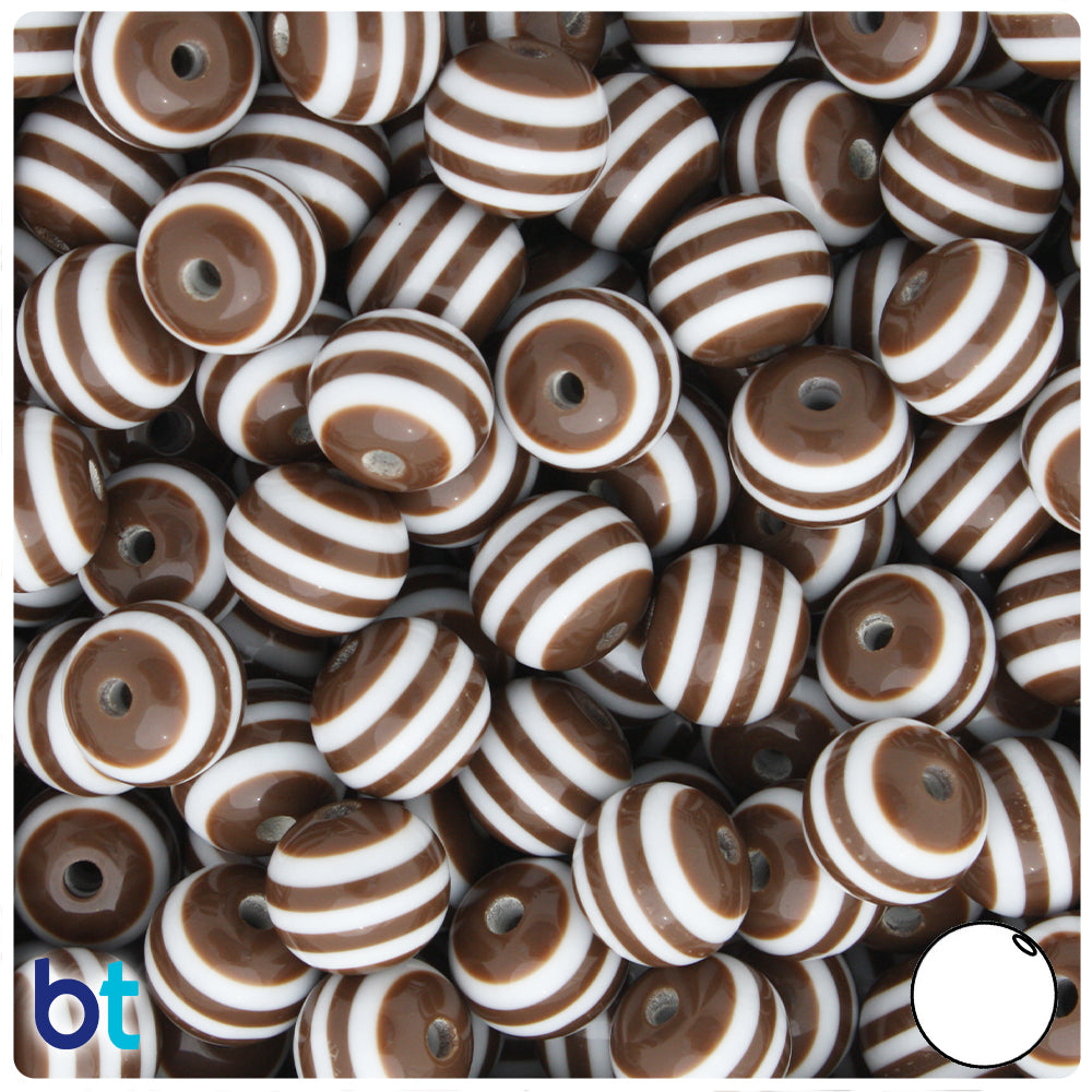 Brown Opaque 12mm Round Resin Beads - White Stripes (50pcs)