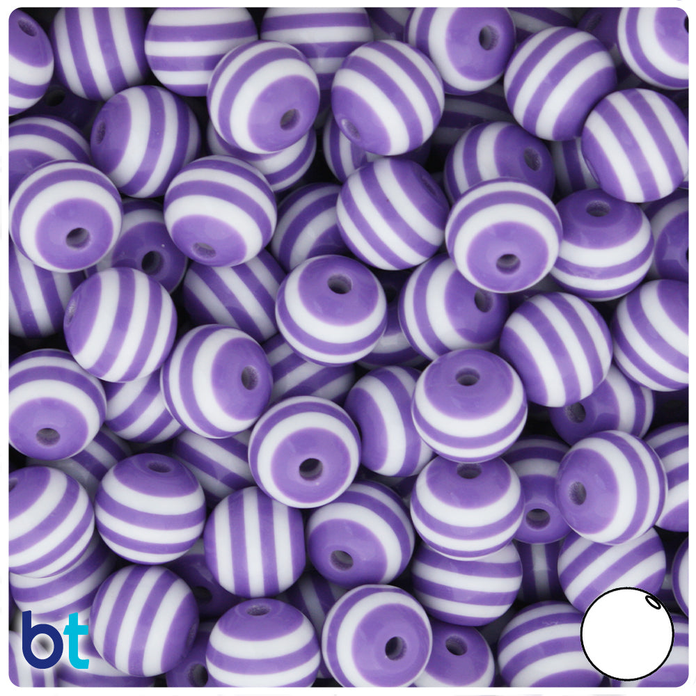 Purple Opaque 12mm Round Resin Beads - White Stripes (50pcs)
