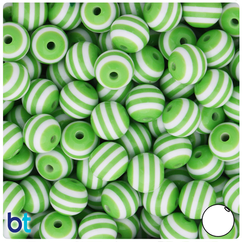 Light Green Opaque 12mm Round Resin Beads - White Stripes (50pcs)