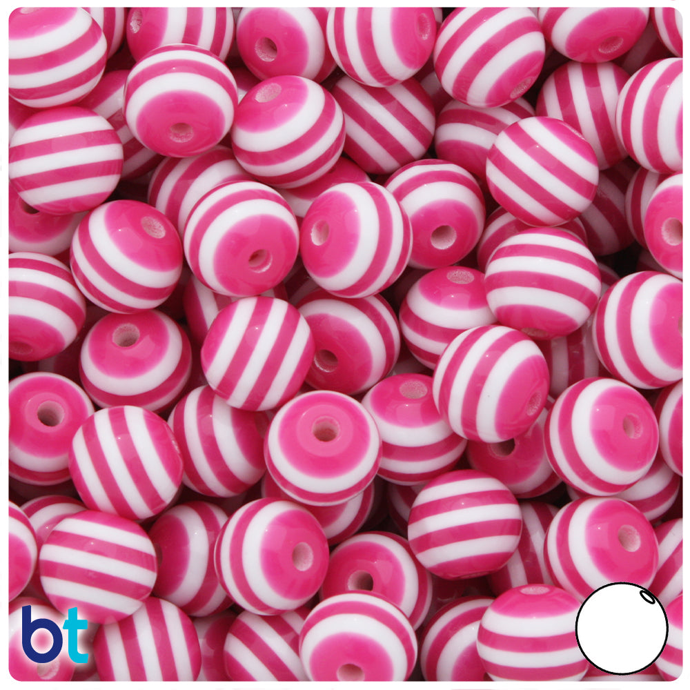 Dark Pink Opaque 12mm Round Resin Beads - White Stripes (50pcs)
