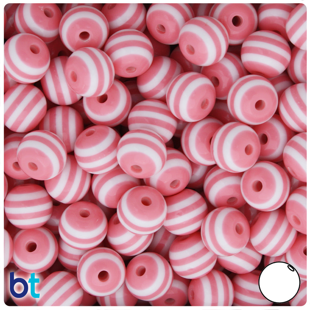 Light Pink Opaque 12mm Round Resin Beads - White Stripes (50pcs)