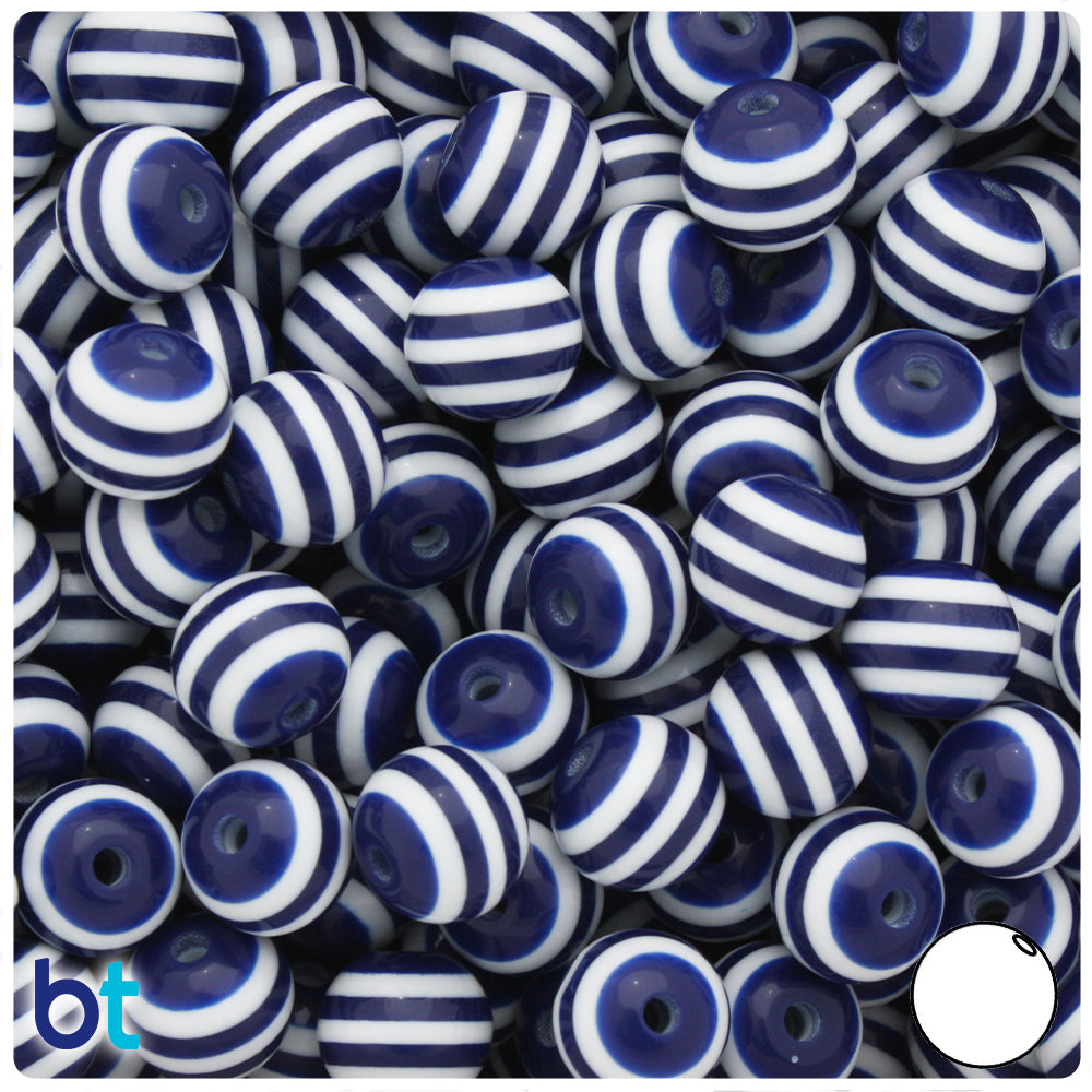Dark Blue Opaque 12mm Round Resin Beads - White Stripes (50pcs)