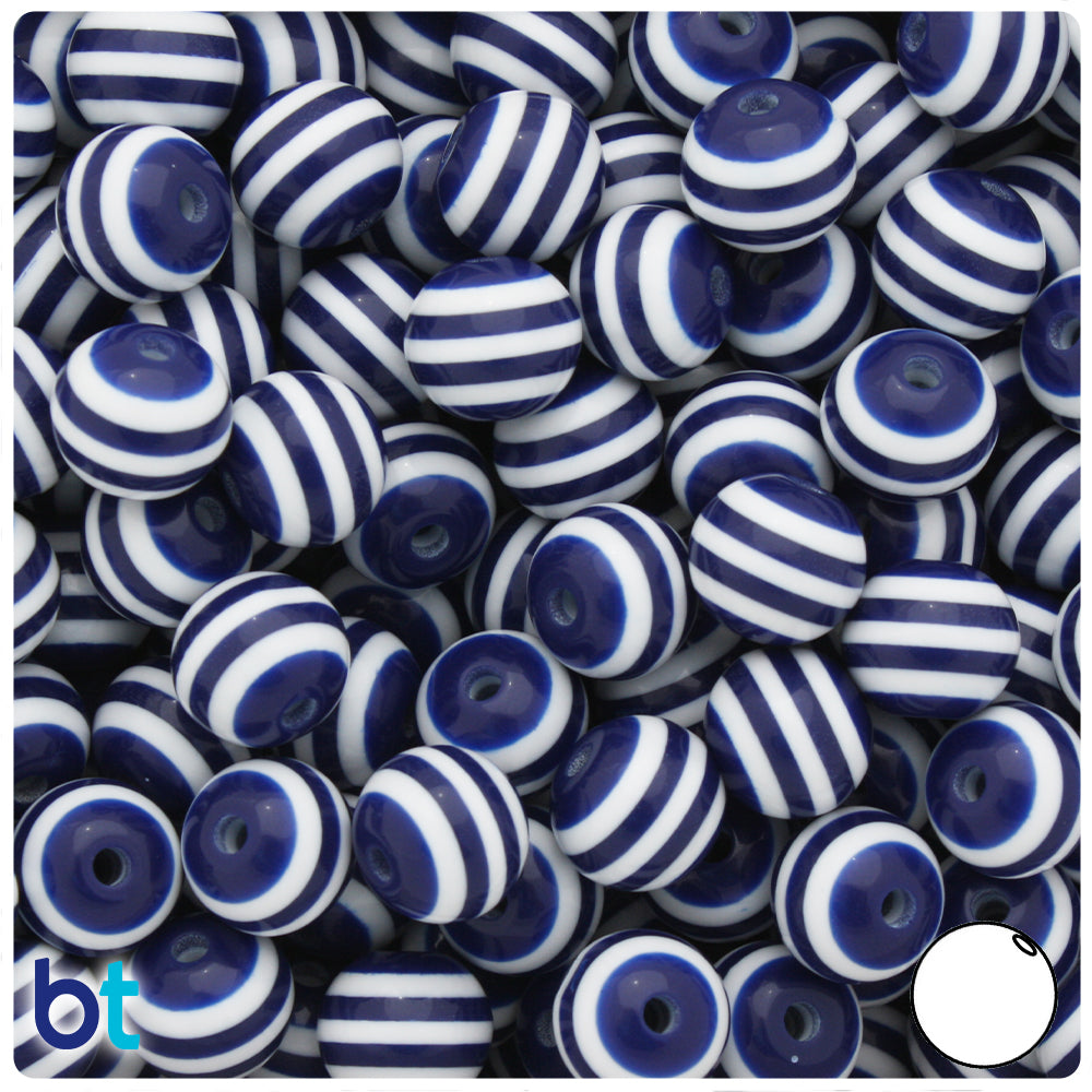 Dark Blue Opaque 12mm Round Resin Beads - White Stripes (50pcs)