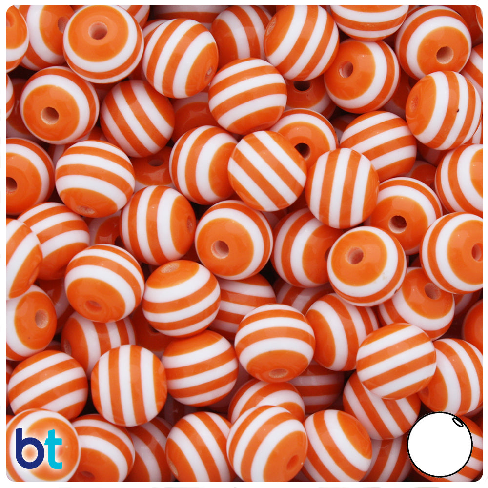 Orange Opaque 12mm Round Resin Beads - White Stripes (50pcs)