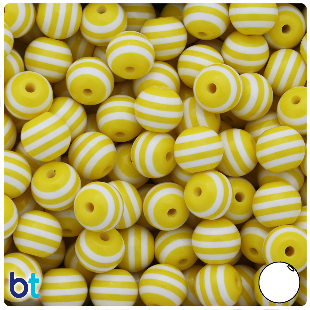 Yellow Opaque 12mm Round Resin Beads - White Stripes (50pcs)