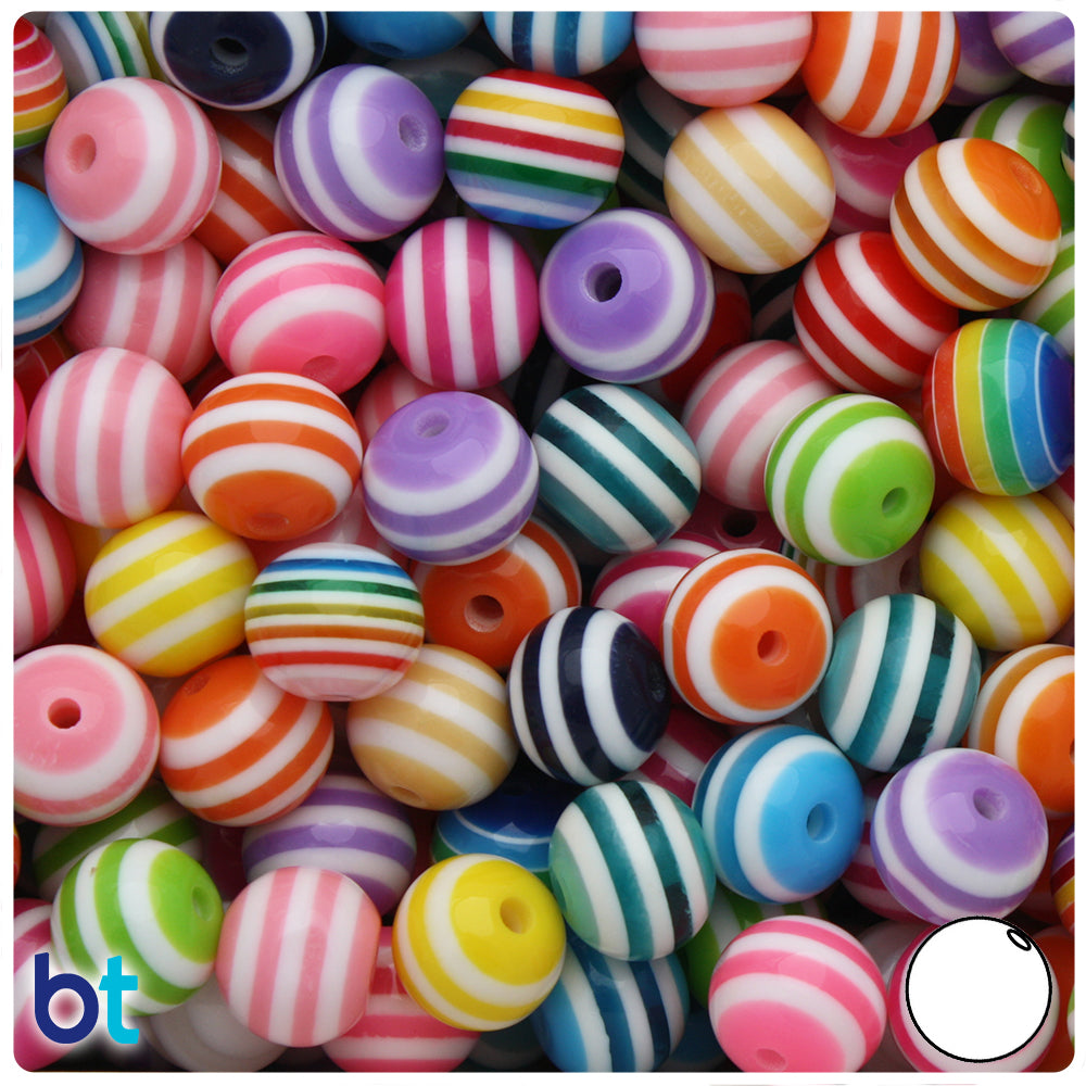 Opaque Mix 12mm Round Resin Beads - White Stripes (50pcs)