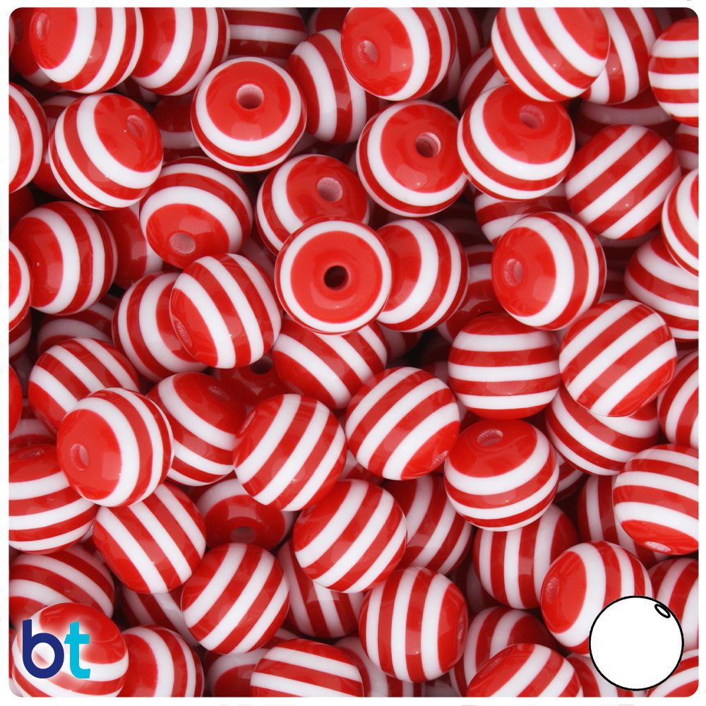 Red Opaque 12mm Round Resin Beads - White Stripes (50pcs)