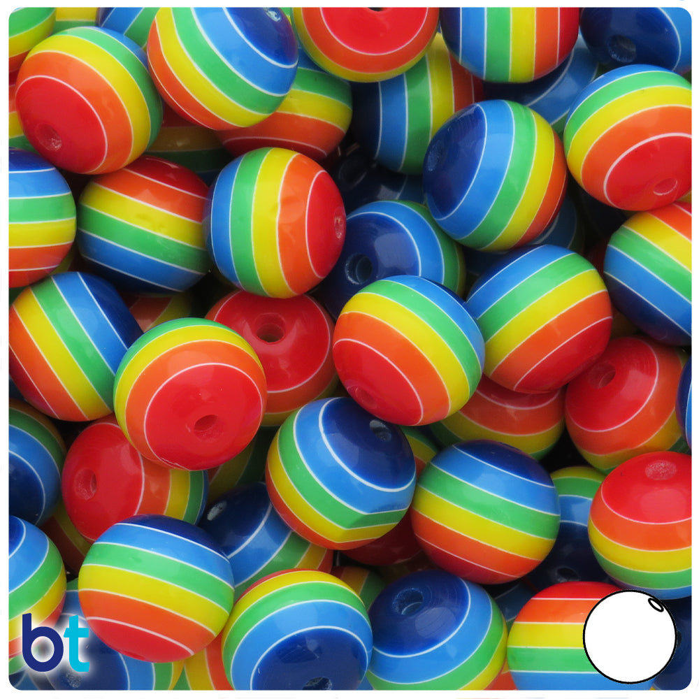 Rainbow Opaque 16mm Round Resin Beads - White Stripes (18pcs)