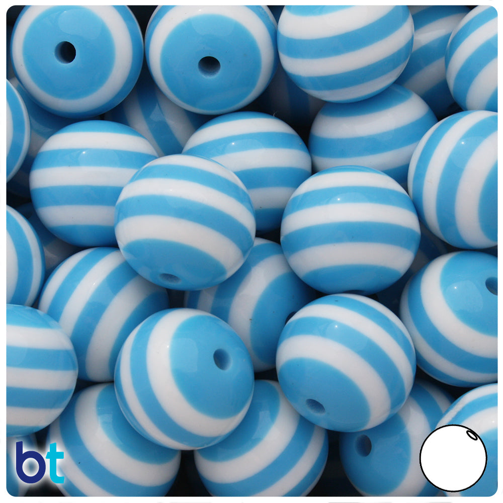 Light Blue Opaque 20mm Round Resin Beads - White Stripes (10pcs)