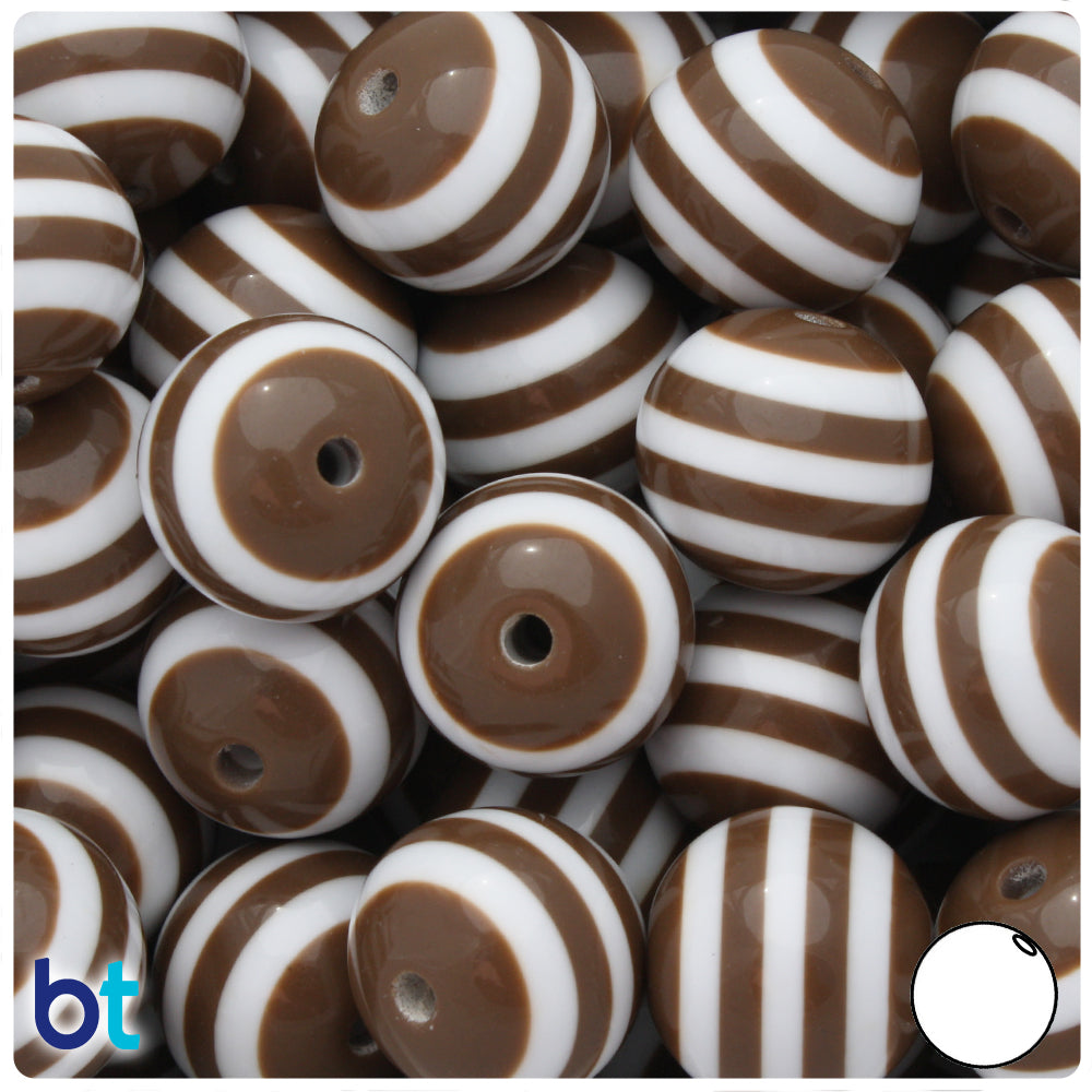 Brown Opaque 20mm Round Resin Beads - White Stripes (10pcs)