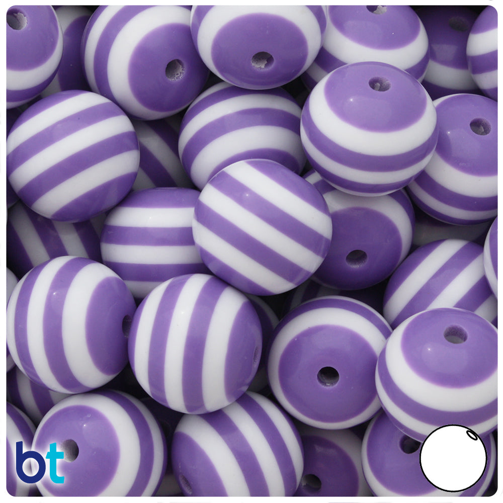 Purple Opaque 20mm Round Resin Beads - White Stripes (10pcs)