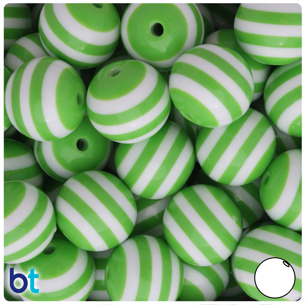 Light Green Opaque 20mm Round Resin Beads - White Stripes (10pcs)