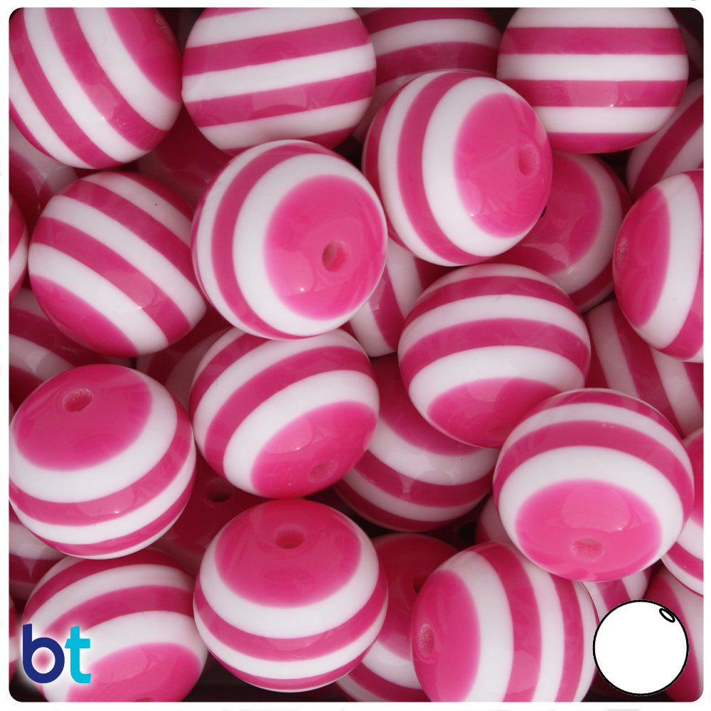 Dark Pink Opaque 20mm Round Resin Beads - White Stripes (10pcs)