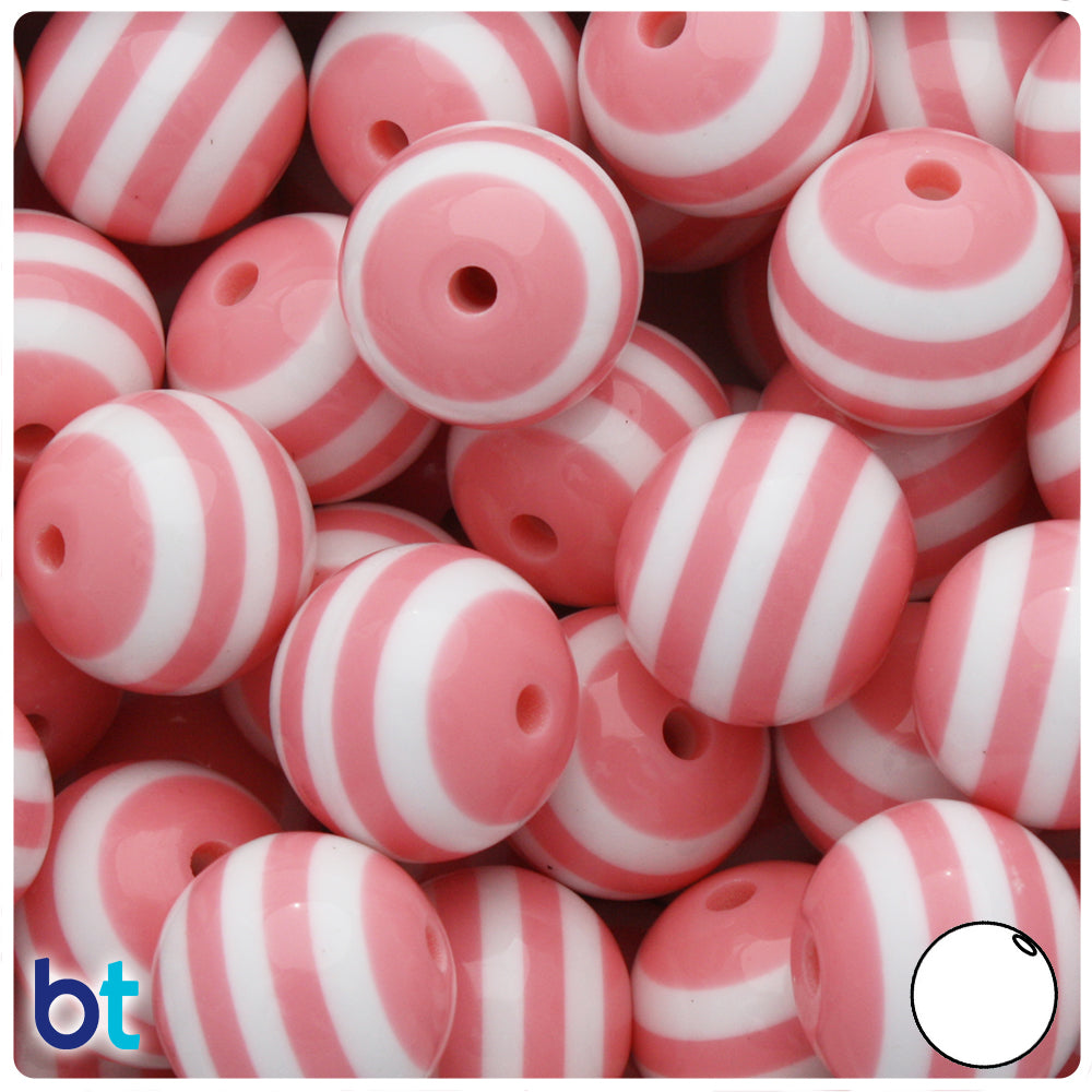 Light Pink Opaque 20mm Round Resin Beads - White Stripes (10pcs)