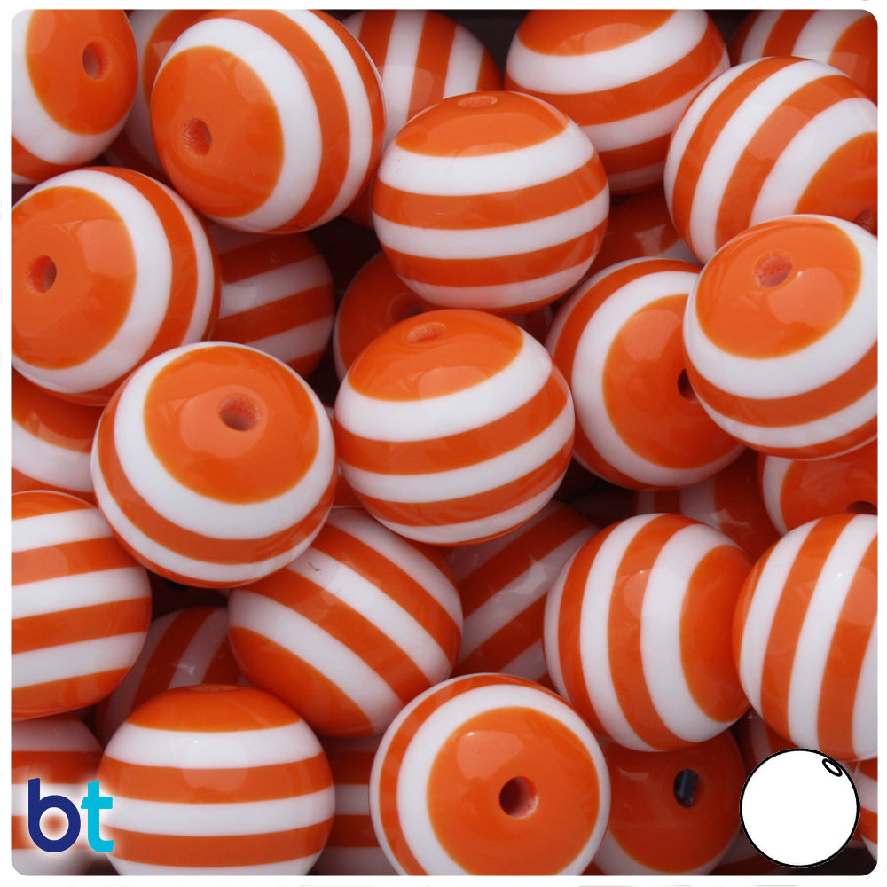 Orange Opaque 20mm Round Resin Beads - White Stripes (10pcs)
