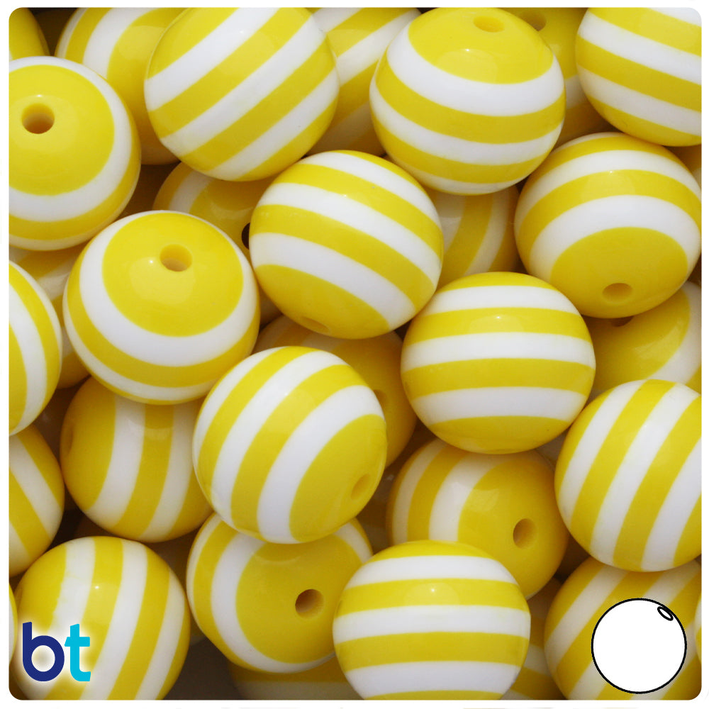 Yellow Opaque 20mm Round Resin Beads - White Stripes (10pcs)
